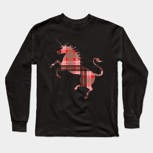 Scottish Red, Black and White Tartan Rearing Unicorn Silhouette Long Sleeve T-Shirt